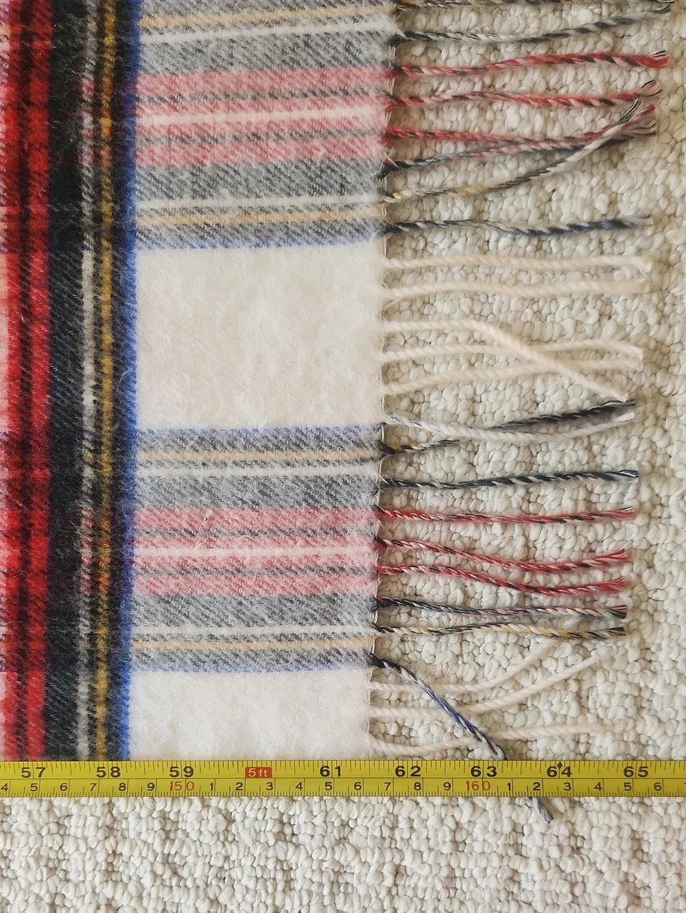 Soft Cream and Red Plaid Fringe Wool Scarf